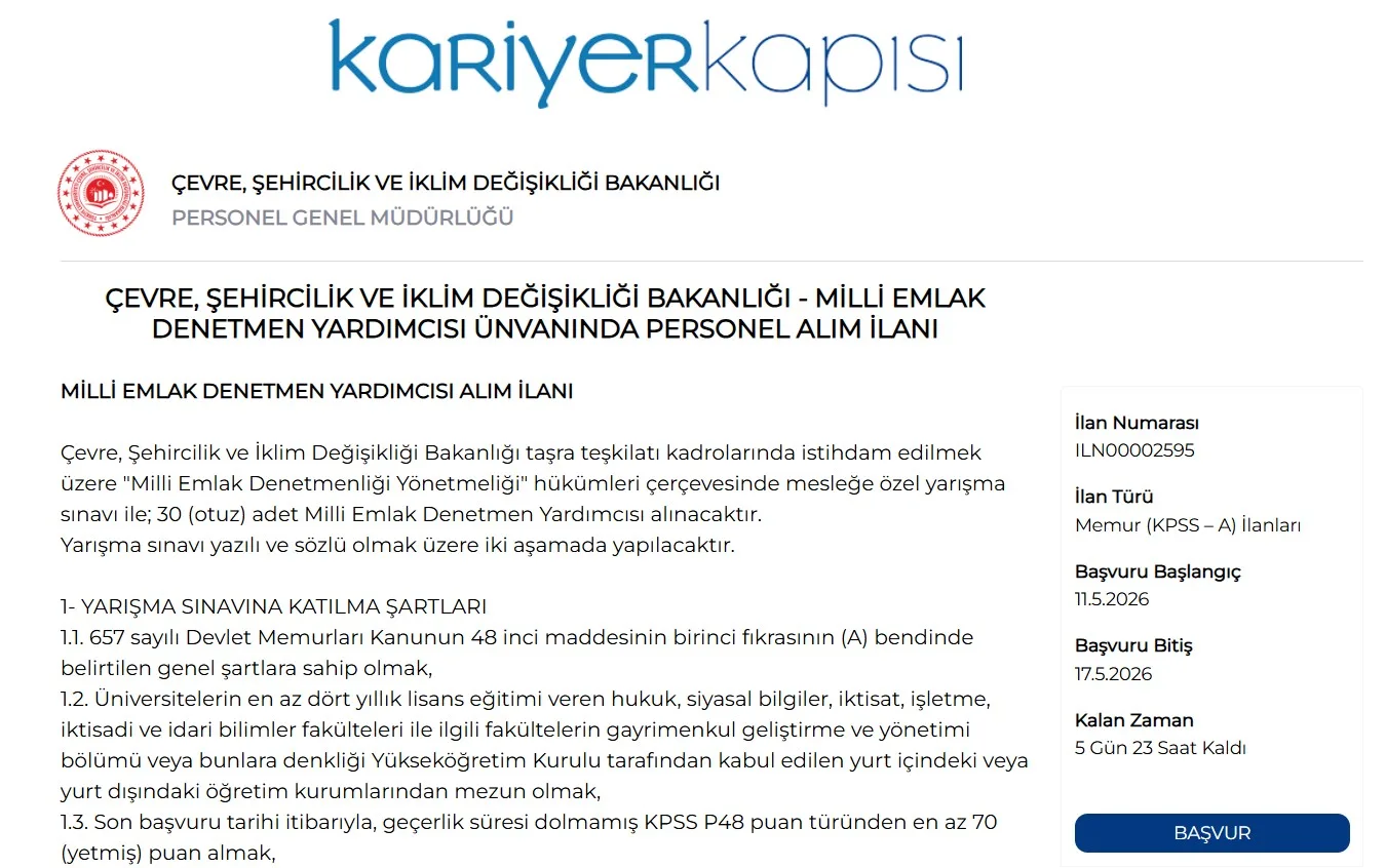 Milli Emlak Denetmen Yardımcılığı Alım İlanı 2026 Başvuru Detay