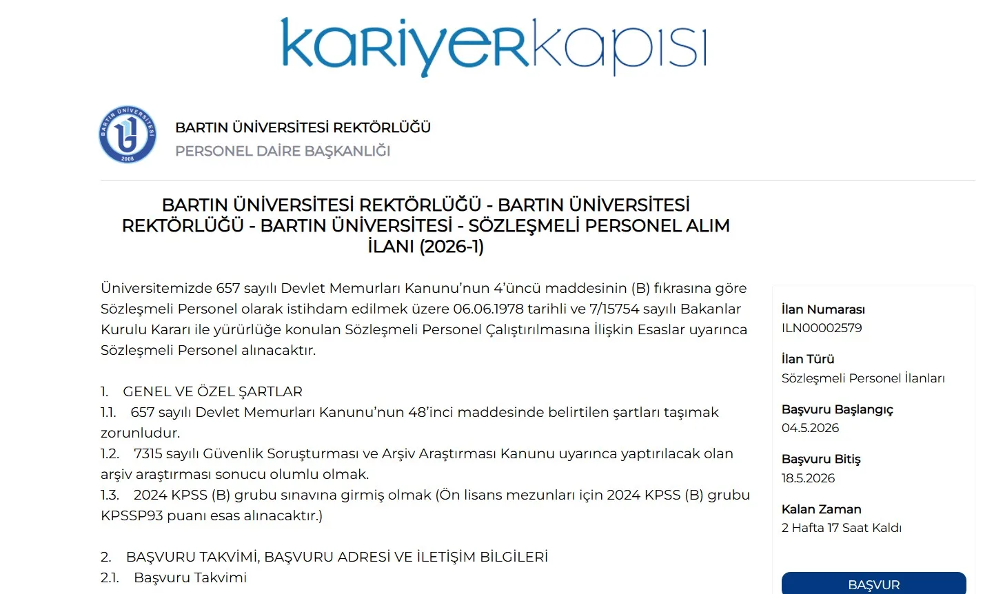 BARTIN ÜNİVERSİTESİ YENİ ATAMA KARARI DETAYI SÖZLEŞMELİ PERSONEL ALIM İLANI