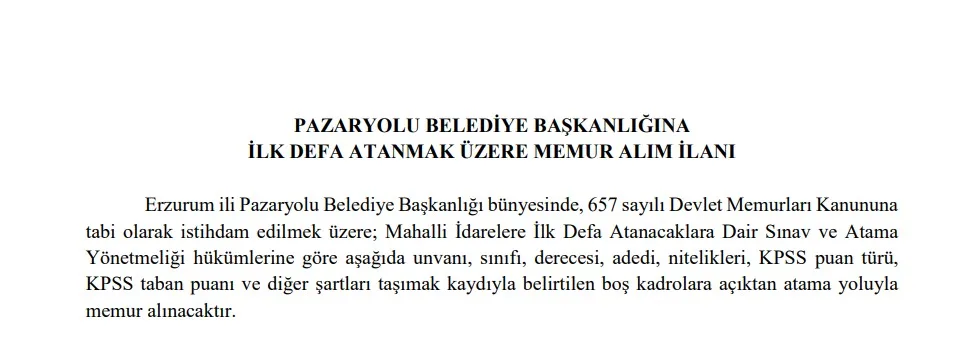PAZARYOLU BELEDİYE BAŞKANLIĞI MEMUR ALIM İLANI BAŞVURU DETAYLARI BAŞVURU SÜRECİ