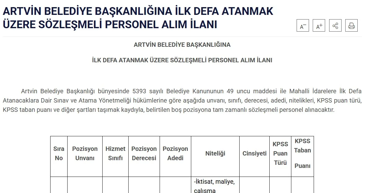 ARTVİN BELEDİYE BAŞKANLIĞINA İLK DEFA ATANMAK ÜZERE SÖZLEŞMELİ PERSONEL ALIM İLANI