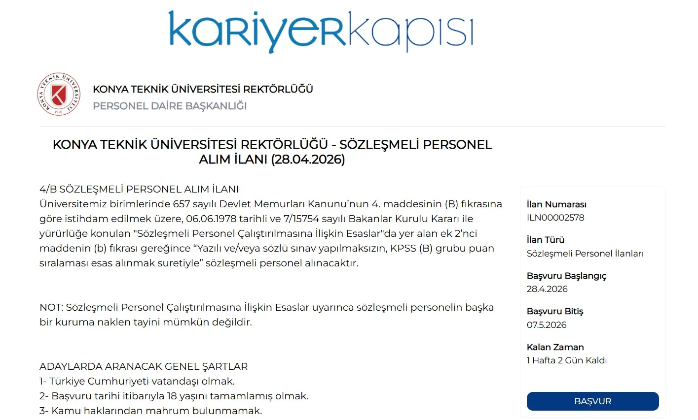 KONYA TEKNİK ÜNİVERSİTESİ REKTÖRLÜĞÜ 4/B SÖZLEŞMELİ PERSONEL ALIM İLANI