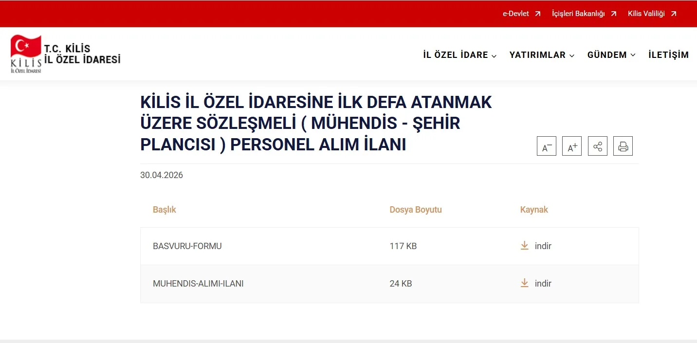 KİLİS İL ÖZEL İDARESİ  SÖZLEŞMELİ PERSONEL ALIM İLANI İLK DEFA ATANMAK ÜZERE