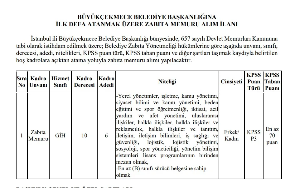 BÜYÜKÇEKMECE BELEDİYE BAŞKANLIĞI Zabıta Memuru Alım İlanı İlk Defa Atama